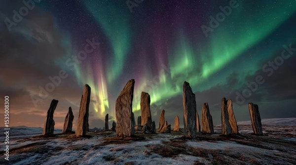 Obraz Green and violet aurora curtains glowing above an ancient stone circle on a frosty tundra plain