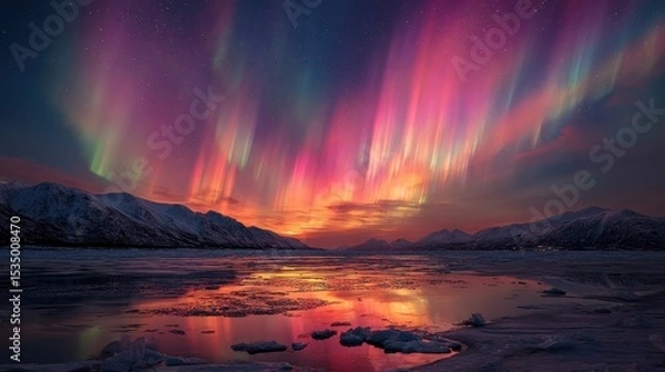Obraz Stunning aurora borealis display with intense colors streaking across the arctic sky over a frozen river