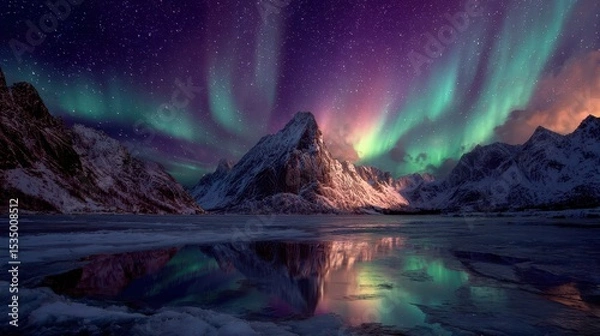 Obraz Vibrant aurora borealis swirling above a remote snowy mountain peak, reflecting in the icy lake below 