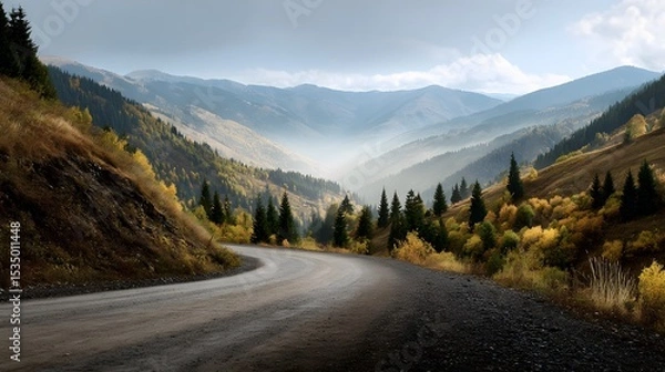 Fototapeta Rustic nature landscape of winding mountain road through golden forest during fall misty air distant peak viewed wide human eye road level perspective cozy autumn sky custom background cut out
