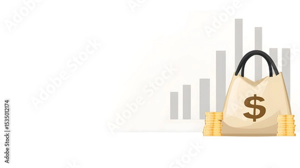 Fototapeta Illustration of a money bag with dollar sign, coin stacks, and bar graph in the background