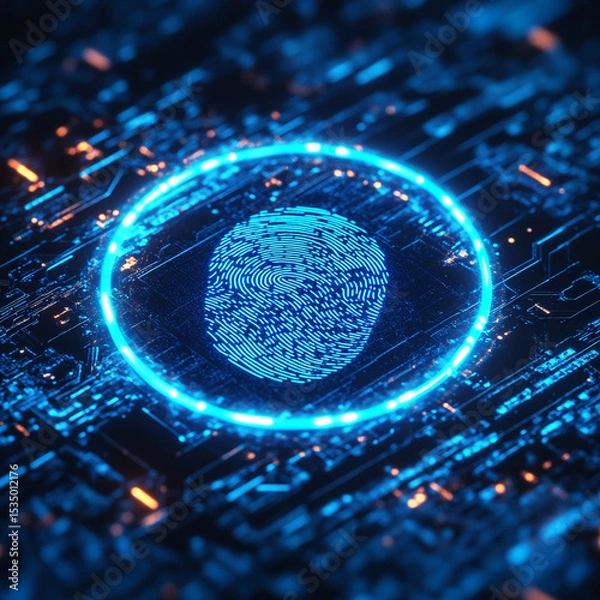 Fototapeta Scanner Authentication With Digital Fingerprint Neon-Blue