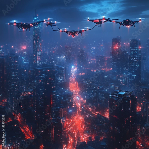 Fototapeta Abstract Smart Futuristic Network Skylin City Panoramic