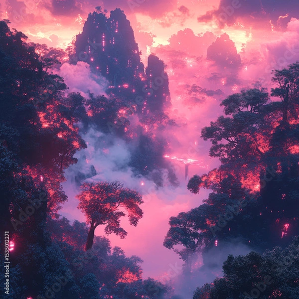 Fototapeta Emit Neon-Colored Forest Where Trees Futuristic Soft
