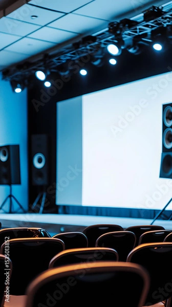Fototapeta Empty conference hall with stage, screen, and seating under spotlights