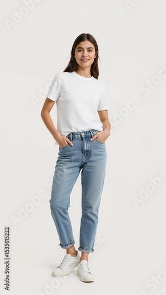 Obraz Full length of confident Swiss woman smiling in a casual outfit in a white tshirt and jeans standing with her arm and leg crossed on plain white background