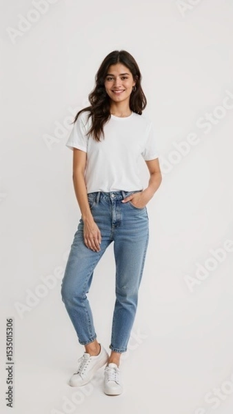 Obraz Full length of confident Greek woman smiling in a casual outfit in a white tshirt and jeans standing with her arm and leg crossed on plain white background