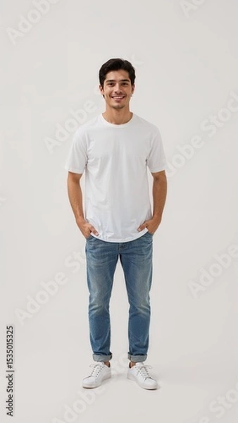 Obraz Full length of confident Indonesian man smiling in a casual outfit in a white tshirt and jeans standing with his arm and leg crossed on plain white background
