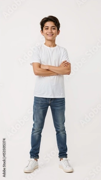 Obraz Full length of confident Jordanian boy smiling in a casual outfit in a white tshirt and jeans standing with his arm and leg crossed on plain white background