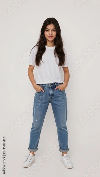 Obraz Full length of confident Malaysian teenage girl smiling in a casual outfit in a white tshirt and jeans standing with her arm and leg crossed on plain white background