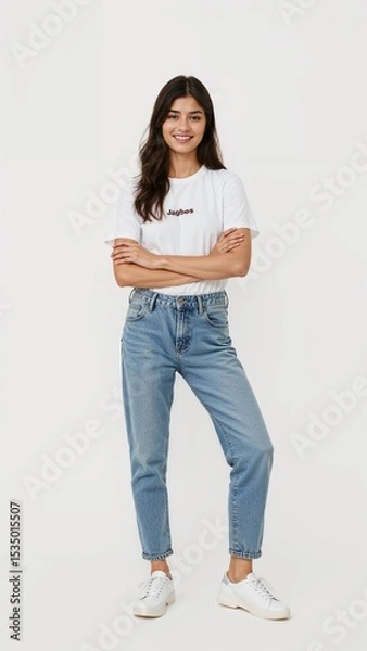 Obraz Full length of confident Pakistani teenage girl smiling in a casual outfit in a white tshirt and jeans standing with her arm and leg crossed on plain white background
