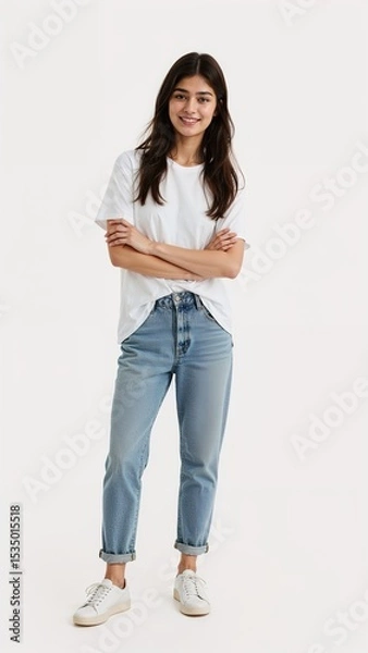 Obraz Full length of confident Pakistani teenage girl smiling in a casual outfit in a white tshirt and jeans standing with her arm and leg crossed on plain white background