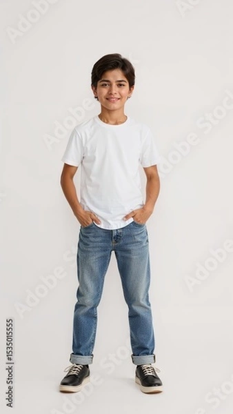 Obraz Full length of confident Peruvian boy smiling in a casual outfit in a white tshirt and jeans standing with his arm and leg crossed on plain white background