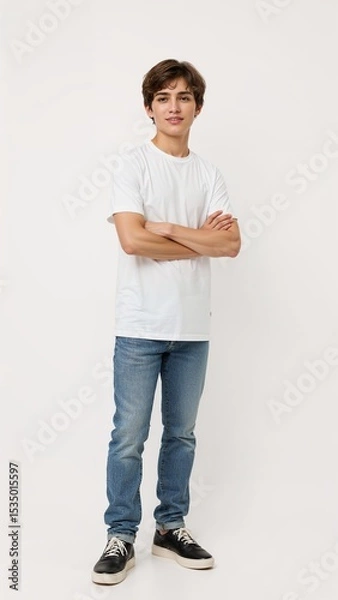 Obraz Full length of confident Polish boy smiling in a casual outfit in a white tshirt and jeans standing with his arm and leg crossed on plain white background