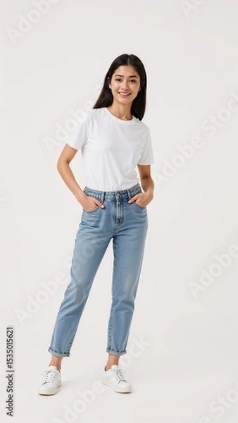 Obraz Full length of confident Singaporean woman smiling in a casual outfit in a white tshirt and jeans standing with her arm and leg crossed on plain white background