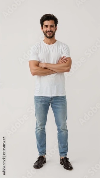 Obraz Full length of confident Turkish man smiling in a casual outfit in a white tshirt and jeans standing with his arm and leg crossed on plain white background
