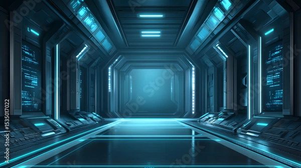 Obraz Futuristic Corridor with Blue Lighting and High-Tech Panels