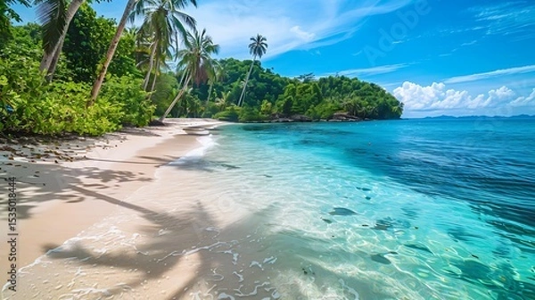 Obraz A secluded tropical beach with coconut trees, colorful coral reefs, and crystal-clear water