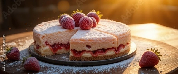Obraz  Photorealistic Strawberry Cheesecake Bathed in Golden Light with Dusting of Powdered Sugar on Wood Surface