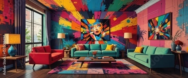 Obraz  A Colorful Living Room Pop Art Interior Illustration with a Focus on Texture and Pattern, Featuring a Dynamic and Energetic