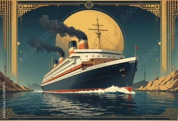 Obraz  An Art Deco Style Illustration of a Cargo Ship Sailing the Suez Canal, Evoking the Elegance of the 1930s.