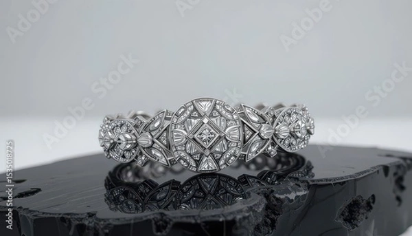 Obraz  Onyx Embrace Art Deco Diamond Bracelet Showcased Against a Rich Black Onyx Slab in a Minimalist Setting