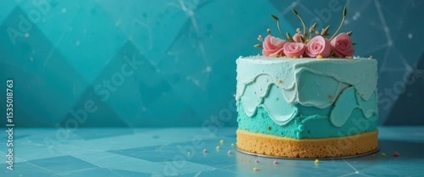 Obraz  Sponge cake shot angled on a geometric teal background for the creation of layered cake in a modern aesthetic style