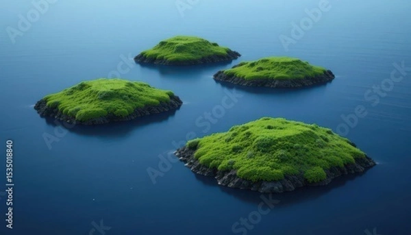 Obraz  Geometric Moss Islands Abstract Shapes Form Islands in a Sea of Indigo, Blending Nature and Modern Artistic Expression