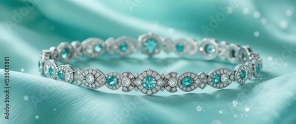 Obraz  Coastal Deco Diamond and Turquoise Art Deco Bracelet Illuminated on a Seafoam Green Silk Fabric