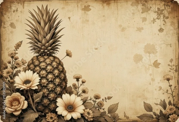 Obraz  Retro Pineapple Bloom Aged Pineapple Background with Vintage Floral Elements, Nostalgic Design, Warm Sepia Color Palette, Time