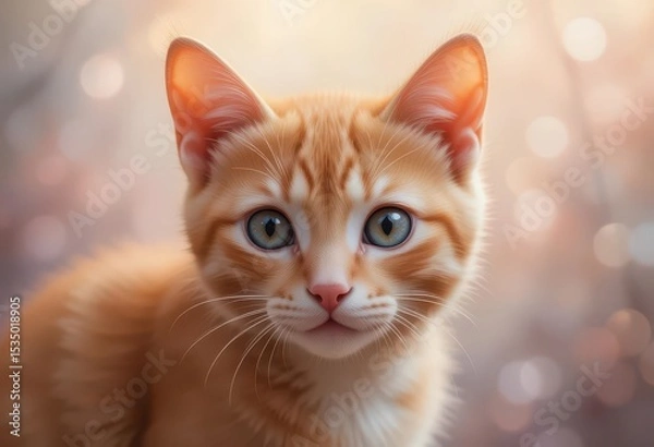Obraz  Pastel Feline Charm An Orange Cat s Curiosity Captured in a Delicate, Dreamlike Scene