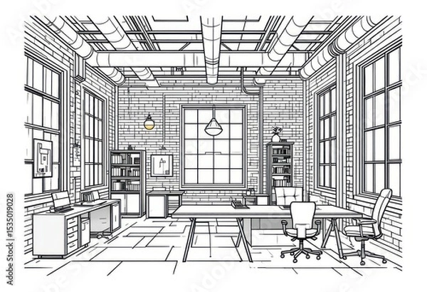 Obraz  Line Art Illustration of Loft Office Space with Exposed Ductwork Warehouse Windows for an Urban Vibe.