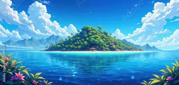 Obraz  Cell Shading Style Bold Outlines and Bright Colors Capture the Beauty of a Lush Island in an Anime Style