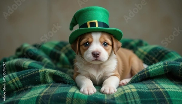 Obraz  Simple St. Patrick s Day Puppy Design on a Plaid Blanket