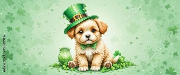 Obraz  Festive St. Patrick s Day Puppy Illustration