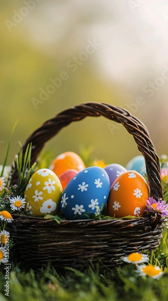 Fototapeta Colorful Easter Eggs in a Basket Surrounded by Spring Flowers in a Garden