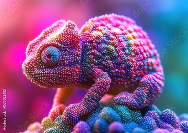 Fototapeta Colorful chameleon, pixelated design. AI.