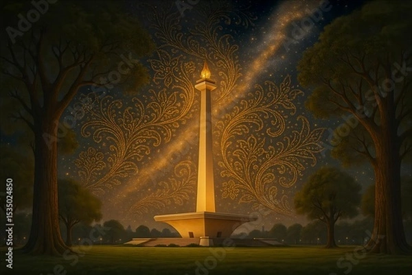 Obraz The National Monument in Jakarta glows under a batik-inspired milky way, symbolizing Indonesian heritage and cosmic wonder.