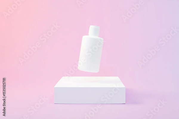 Fototapeta A white bottle floats above a pristine white cube against a soft pink backdrop