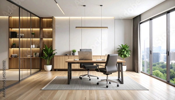 Obraz office desk, laptop and coffee, Generated image