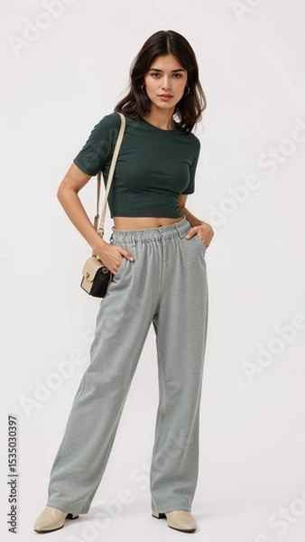 Obraz Full length of confident Mexican woman in a tuckedin tee and wideleg pants with one hand holding a phone at her side on plain white background