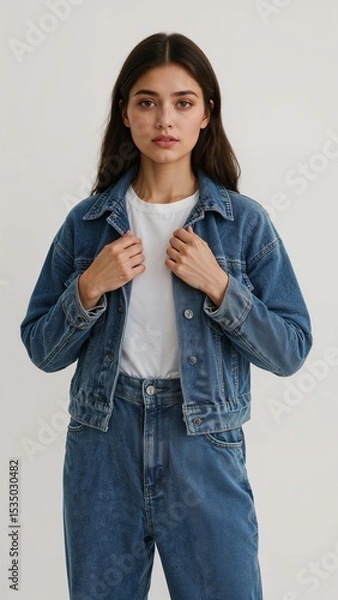 Obraz Full length of confident Moroccan girl in a denim jacket over a tshirt and skirt standing with both hands adjusting the jacket collar on plain white background