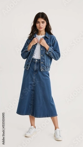 Obraz Full length of confident Moroccan girl in a denim jacket over a tshirt and skirt standing with both hands adjusting the jacket collar on plain white background