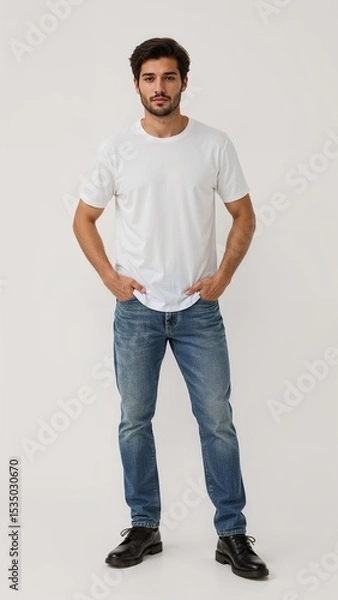 Obraz Full length of confident Chilean man in a tuckedin tee and jeans standing in a halfturn pose with hands on hips on plain white background