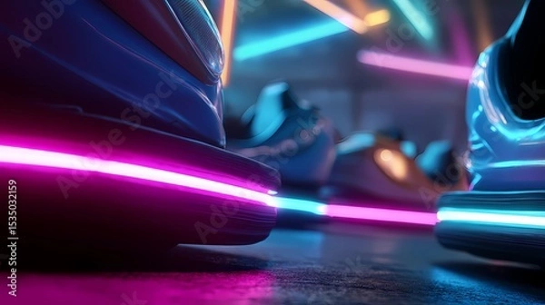 Obraz Neon Light Reflection on Bumper Cars at Amusement Park Attraction