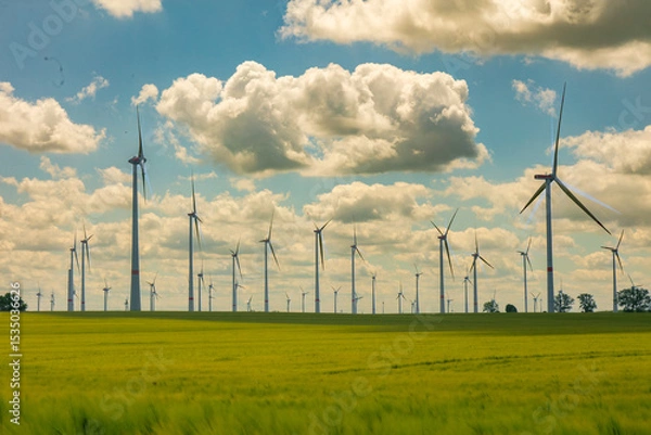 Obraz Modern wind turbines spinning over vibrant green fields in rural Germany. A powerful symbol of the Energiewende and Germany’s response to climate change and energy transition. green energy