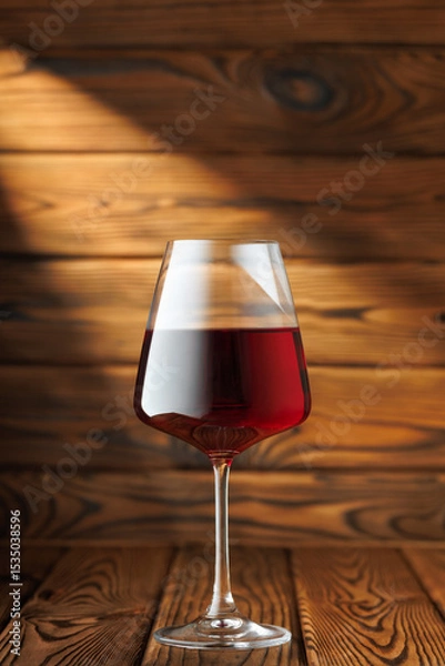 Fototapeta glass red wine basks in dramatic beam of light, sitting elegantly on rustic wooden table