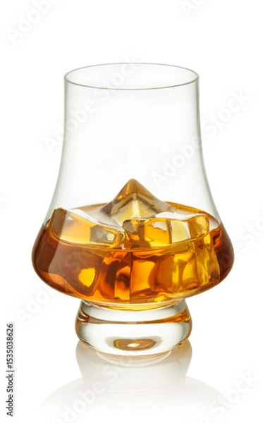 Fototapeta Glass of scotch whiskey and ice isolated on white background with clipping path