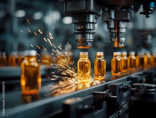 Fototapeta Industrial Production Line with Bottles and Sparks in Factory Setting