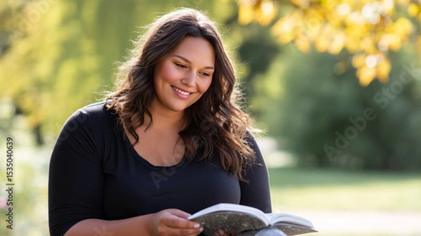 Obraz A close-up of a smiling woman with obesity sitting in a park on a sunny day, reading a book, and feeling at peace